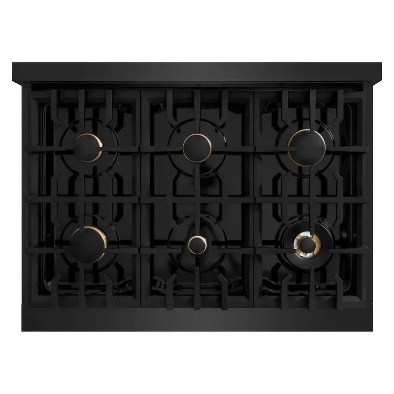 ZLINE 36" Dual Fuel Range, Gas Cooktop, Electric Convection Oven Black Stainless Steel, Gold CDRBZ-36-G by Farmhouse Kitchen and Bath
