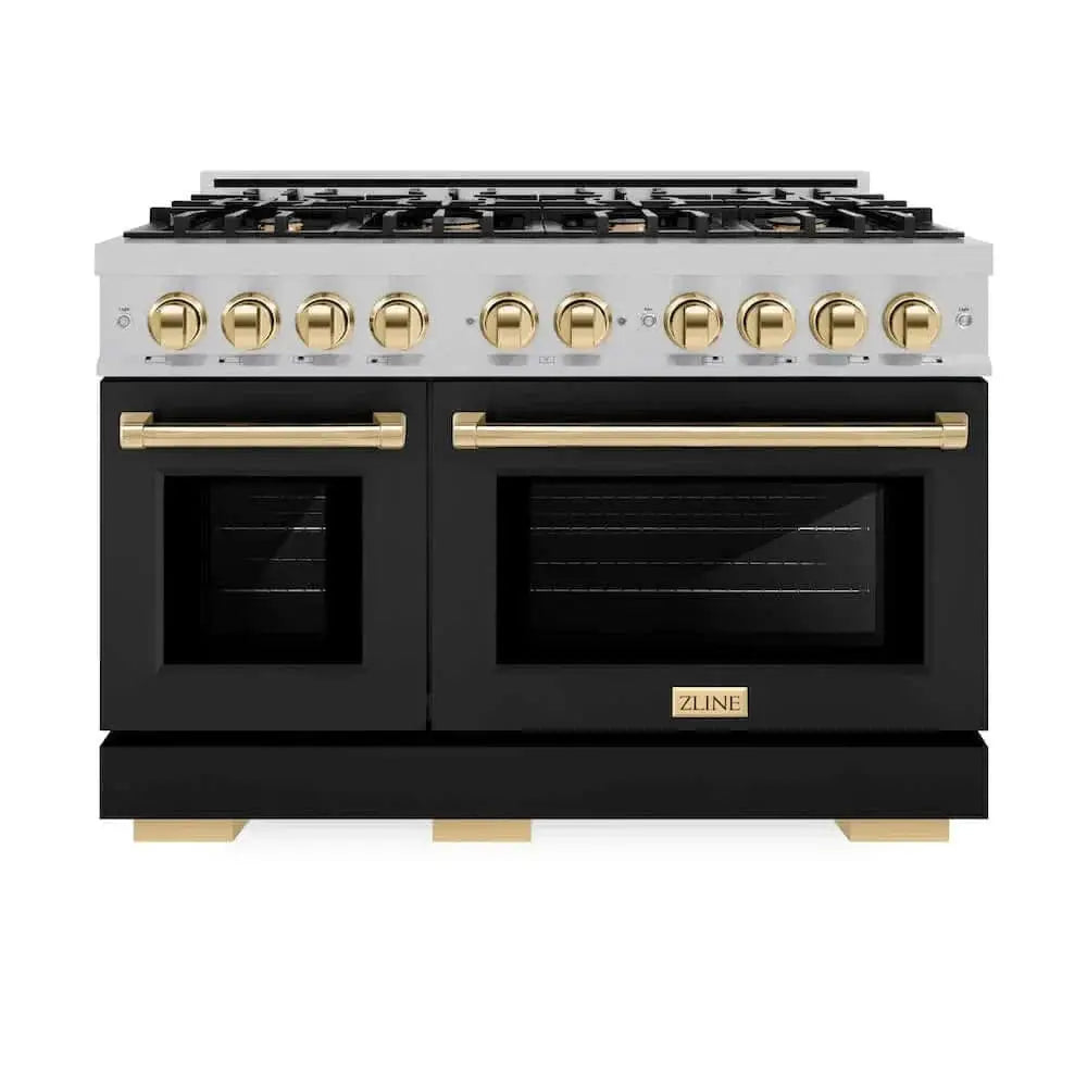 ZLINE 48" Select Gas Range Convection Gas Oven DuraSnow® Stainless Steel Black Matte Door Gold HGRSZ-BLM-48-G by Farmhouse Kitchen and Bath