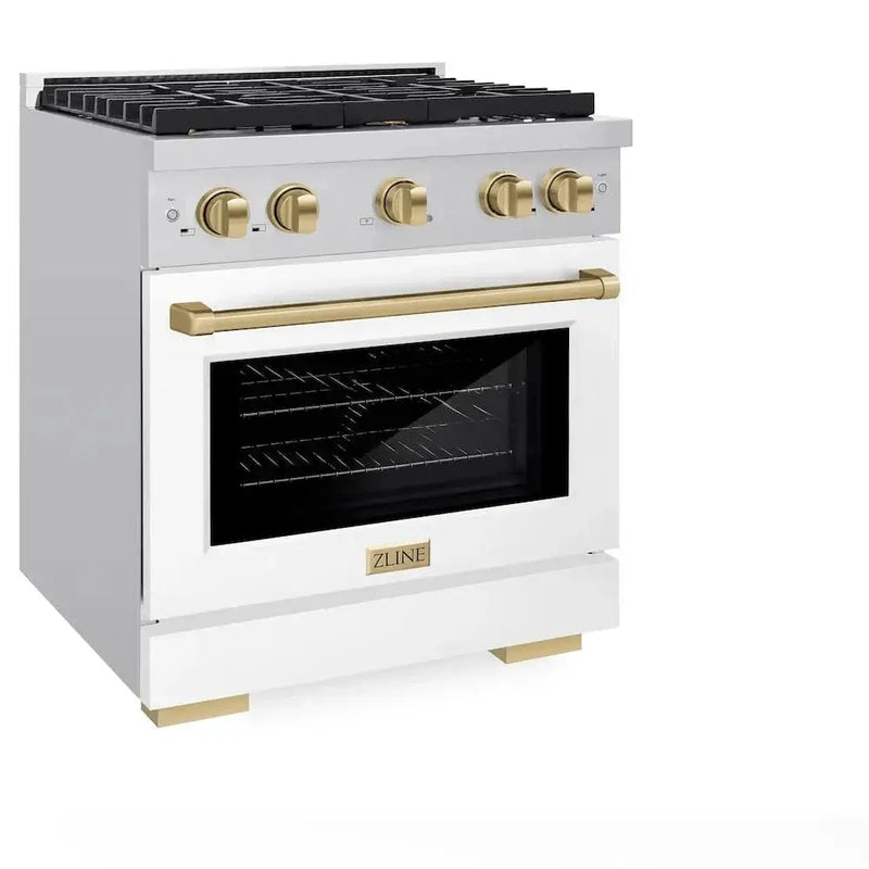 ZLINE 30"Paramount Dual Fuel Range White Matte Champagne Bronze SDRZ-WM-30-CB by Farmhouse Kitchen and Bath