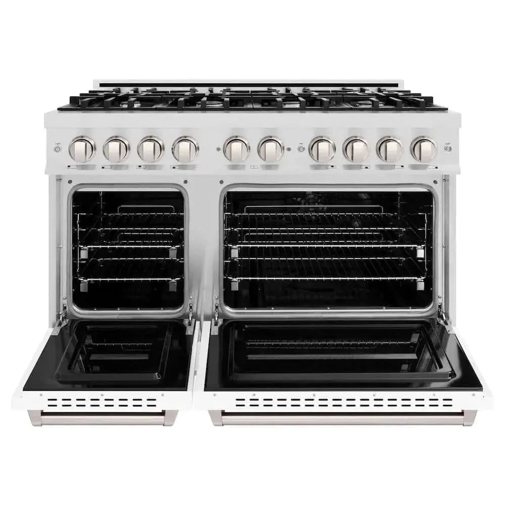 ZLINE 48" Dual Fuel Range, Gas Cooktop, Electric Convection Oven DuraSnow® Stainless Steel, White Matte Door CDRS-WM-48 by Farmhouse Kitchen and Bath