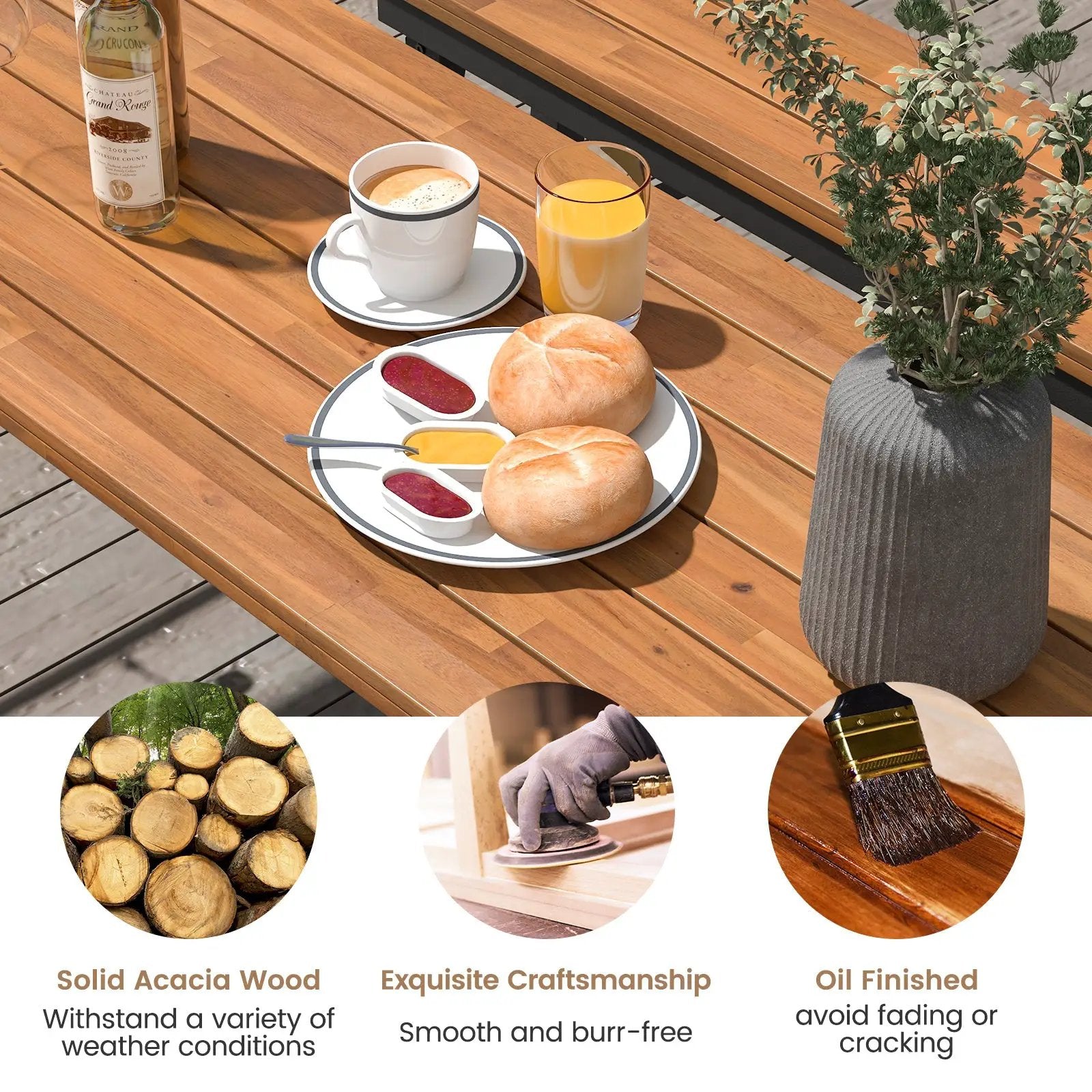 Outdoor Dining Table and Bench Set with Acacia Wood Top for Yard Garden Poolside by DirectDeals