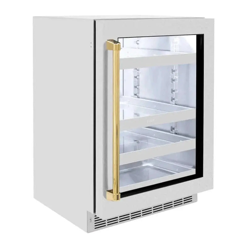 ZLINE 24" Touchstone 151 Can Beverage Fridge DuraSnow® Stainless Steel Glass Door Polished Gold Handle RBSOZ-SN-24-G by Farmhouse Kitchen and Bath