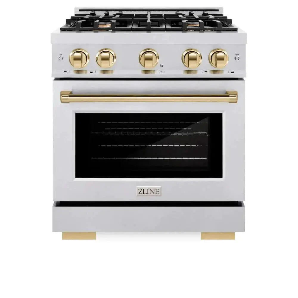 ZLINE 30" Select Dual Fuel Range Gas Cooktop Electric Convection Oven DuraSnow® Stainless Steel Gold HDRSZ-30-G by Farmhouse Kitchen and Bath
