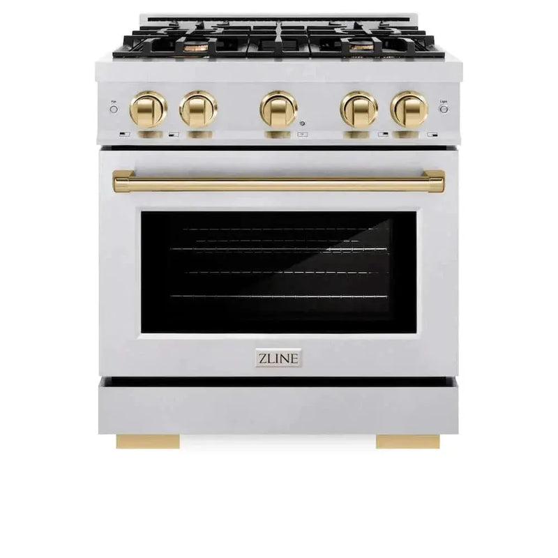 ZLINE 30" Select Dual Fuel Range Gas Cooktop Electric Convection Oven DuraSnow® Stainless Steel Gold HDRSZ-30-G by Farmhouse Kitchen and Bath