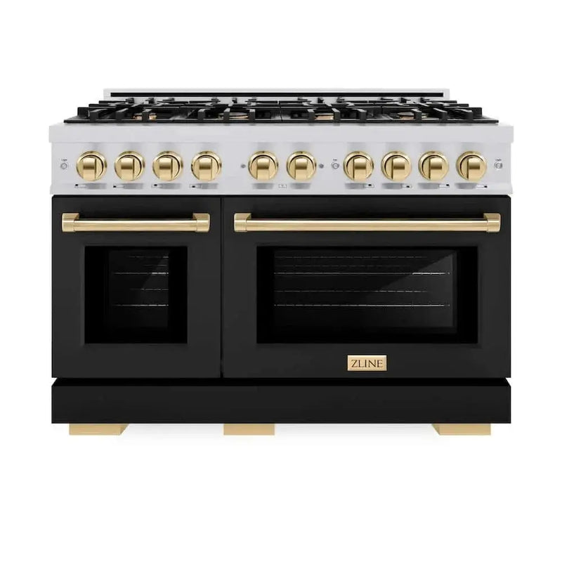 ZLINE 48" Select Gas Range Convection Gas Oven Stainless Steel Black Matte Doors Gold HGRZ-BLM-48-G by Farmhouse Kitchen and Bath