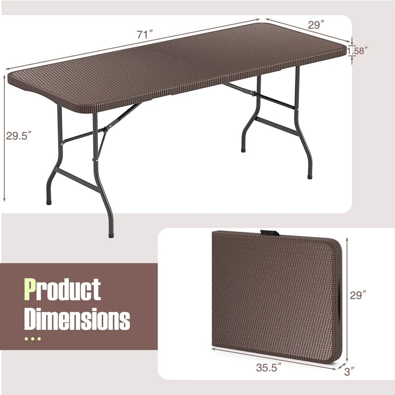 6 ft Portable Folding Table with Rattan-Like HDPE Tabletop and Safe Lock Mechanism-Brown by DirectDeals