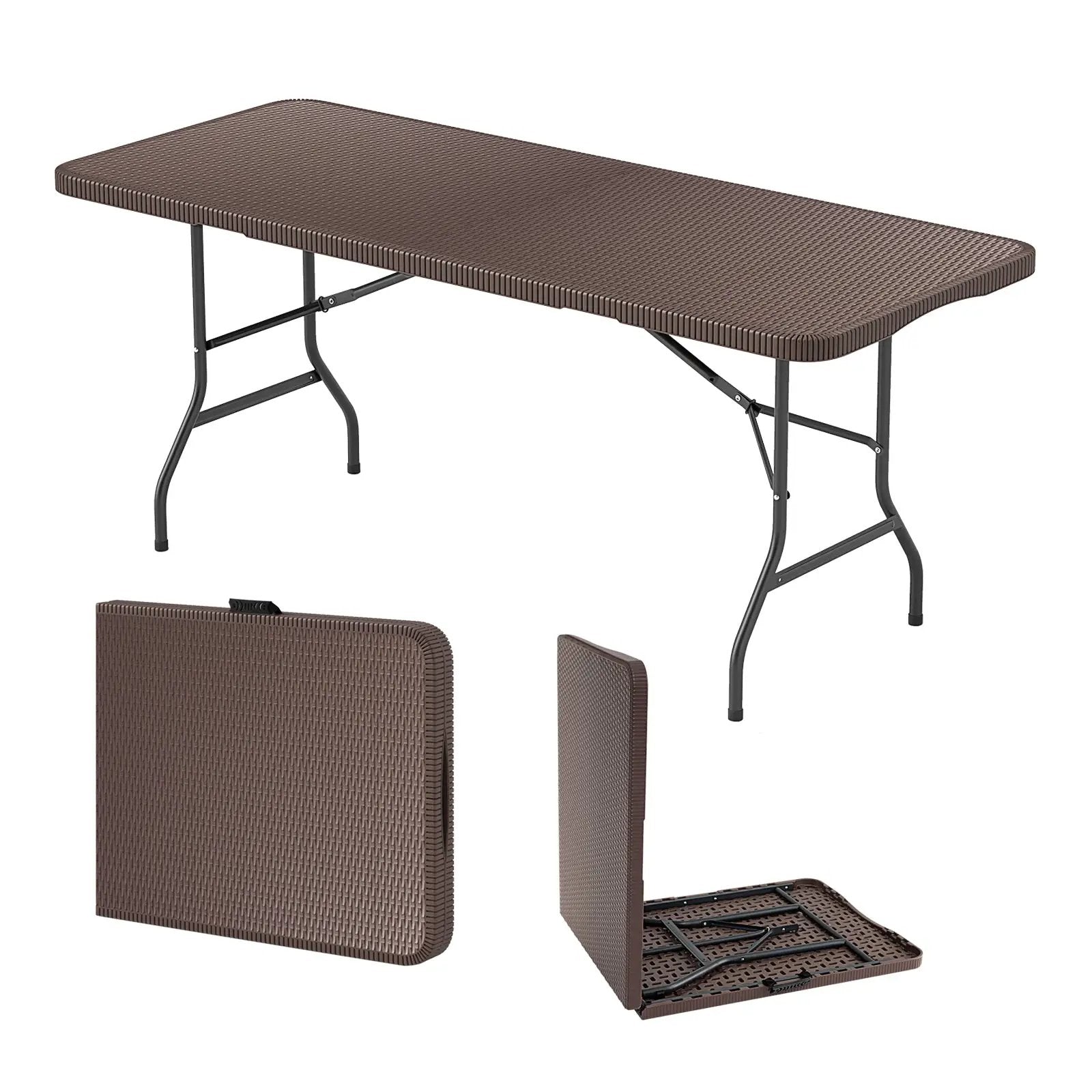 6 ft Portable Folding Table with Rattan-Like HDPE Tabletop and Safe Lock Mechanism-Brown by DirectDeals