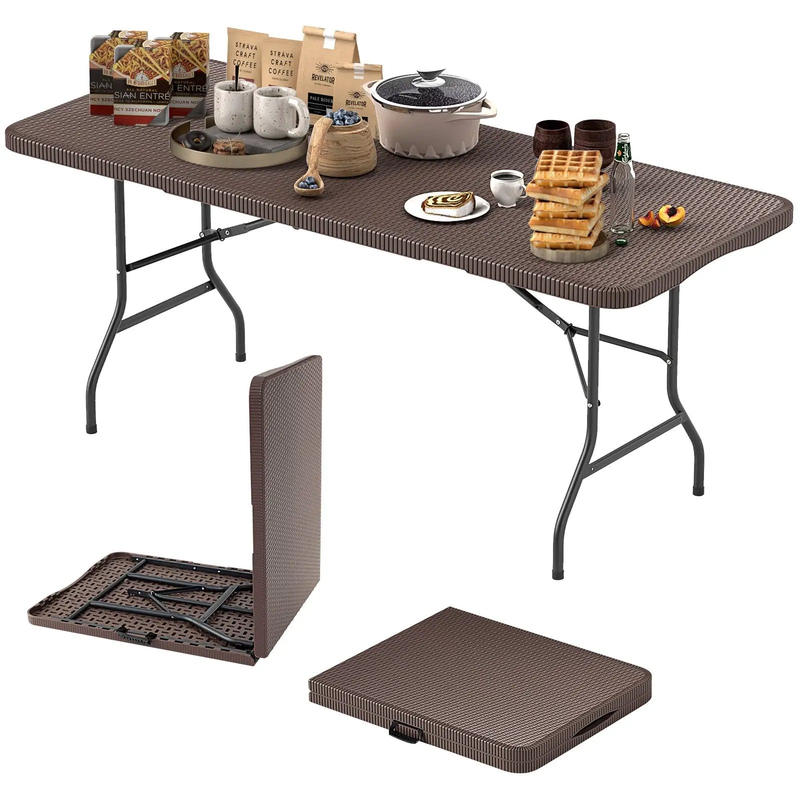 6 ft Portable Folding Table with Rattan-Like HDPE Tabletop and Safe Lock Mechanism-Brown by DirectDeals