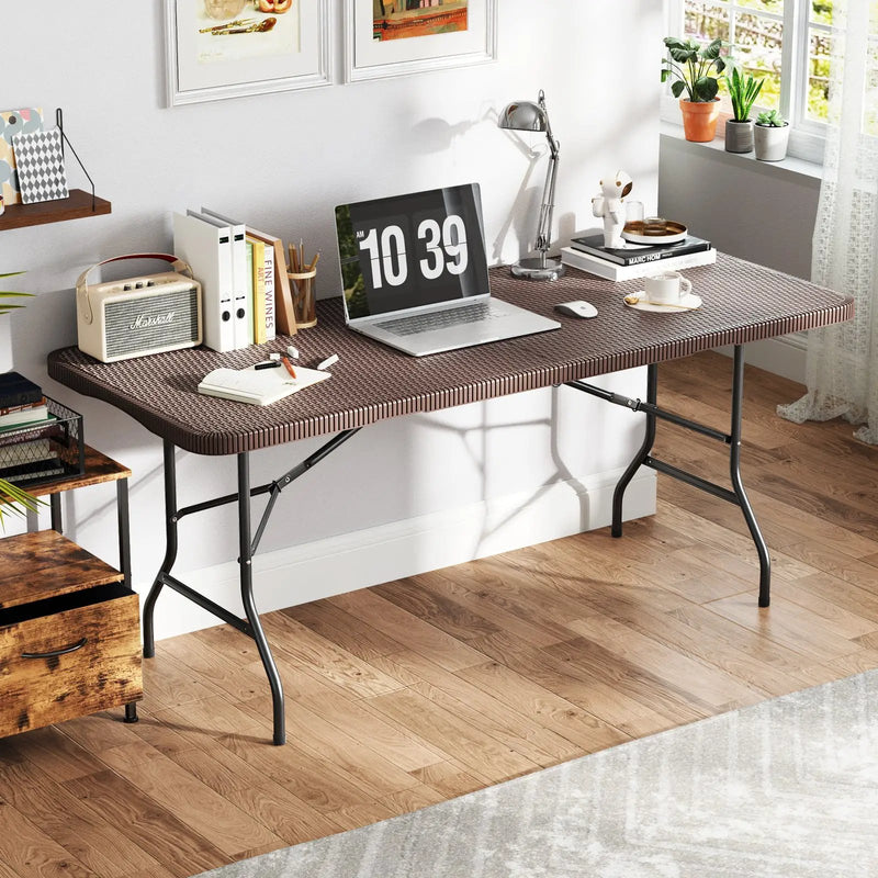 6 ft Portable Folding Table with Rattan-Like HDPE Tabletop and Safe Lock Mechanism-Brown by DirectDeals