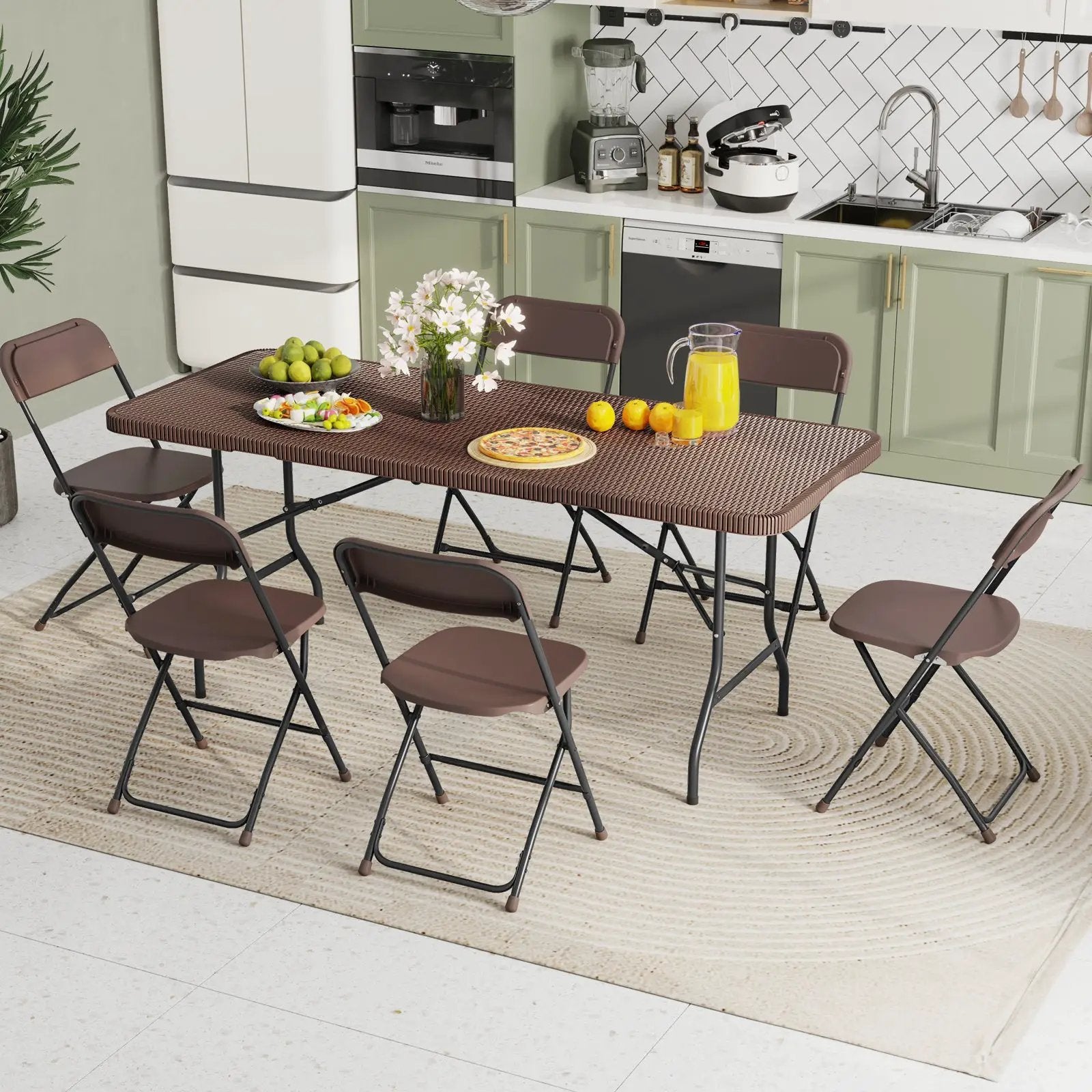 6 ft Portable Folding Table with Rattan-Like HDPE Tabletop and Safe Lock Mechanism-Brown by DirectDeals