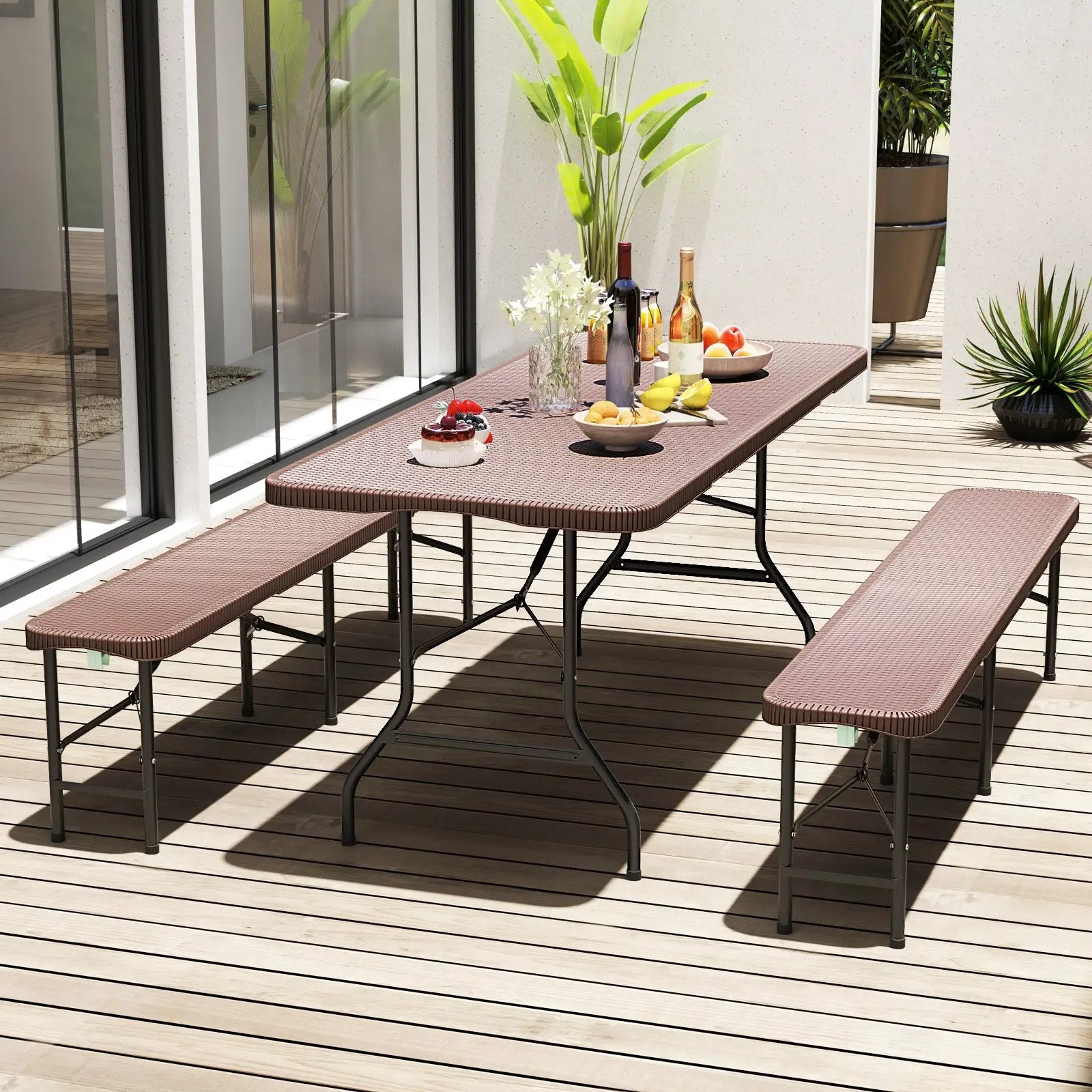 6 ft Portable Folding Table with Rattan-Like HDPE Tabletop and Safe Lock Mechanism-Brown by DirectDeals