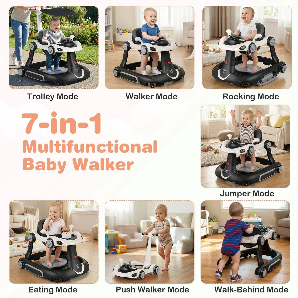6-in-1 Baby Walker with Canopy Portable Activity Center Bouncer Rocker Combo with Music, photo 16 of 32
