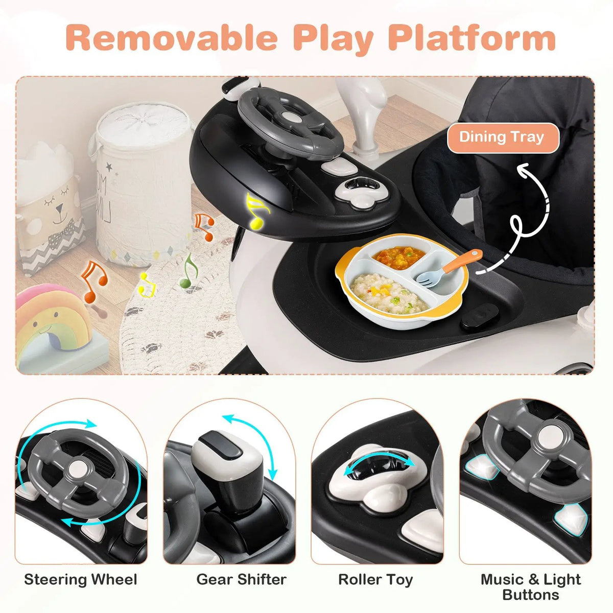 6-in-1 Baby Walker with Canopy Portable Activity Center Bouncer Rocker Combo with Music, photo 9 of 32