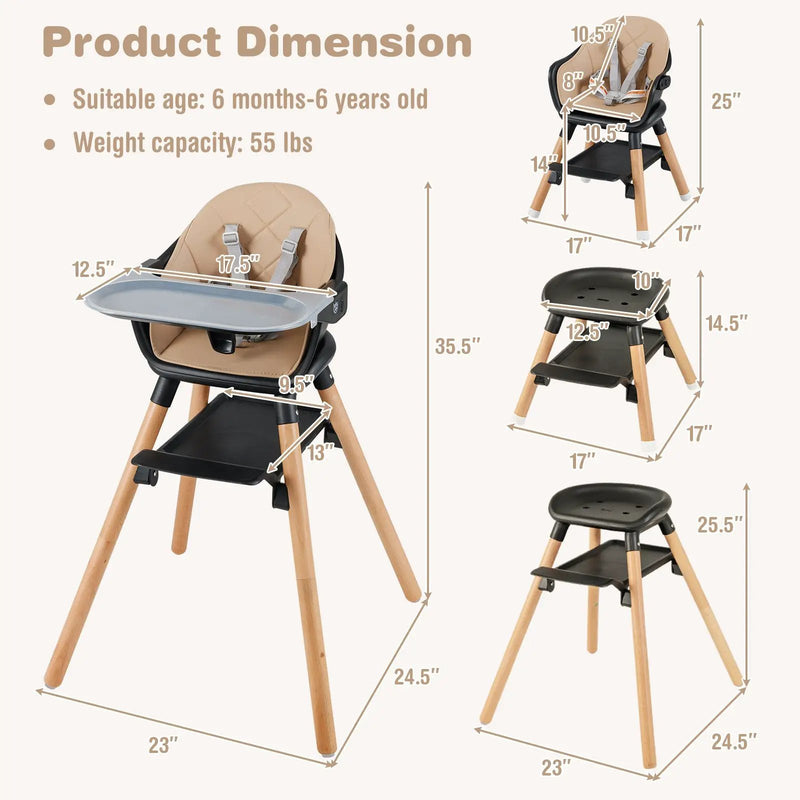 6-in-1 Baby High Chair with Removable Dishwasher and Safe Tray-White by DirectDeals