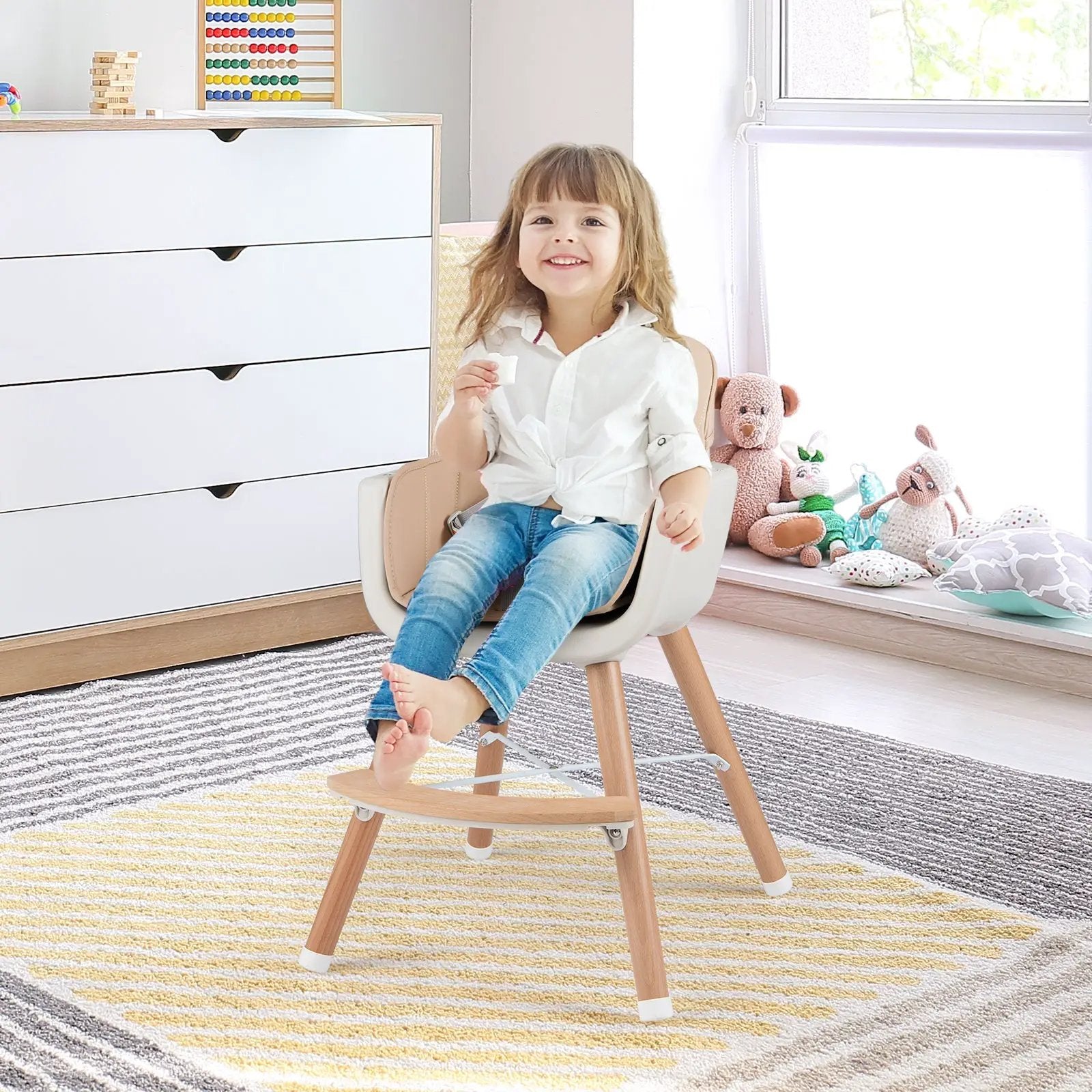 6-in-1 Convertible Wooden Highchair with Safety Harness and Adjustable Legs-Light Brown by DirectDeals