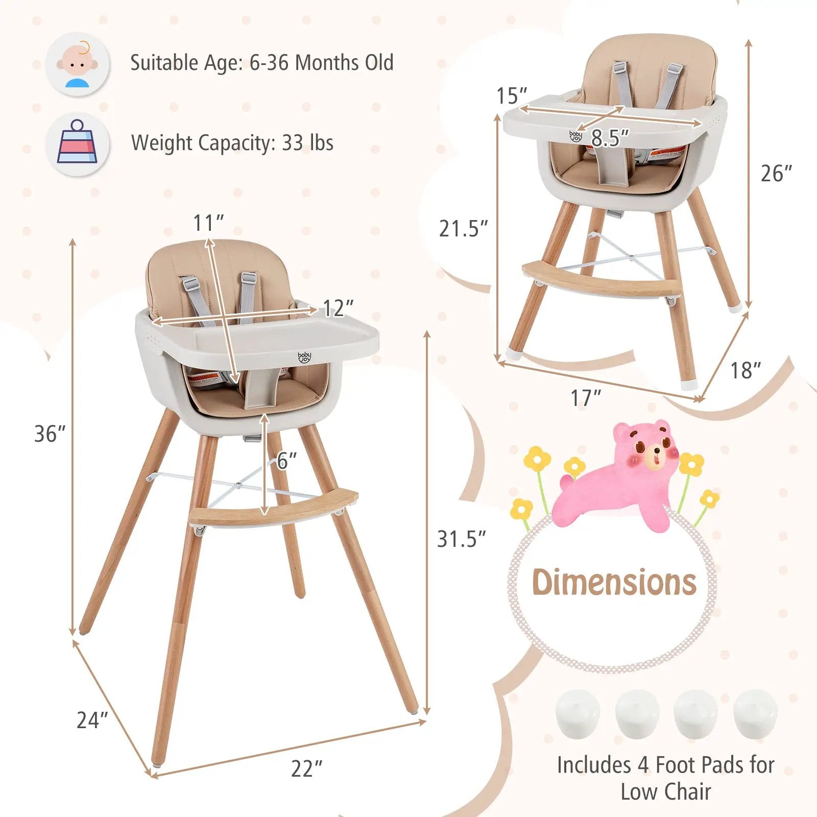 6-in-1 Convertible Wooden Highchair with Safety Harness and Adjustable Legs-Light Brown by DirectDeals