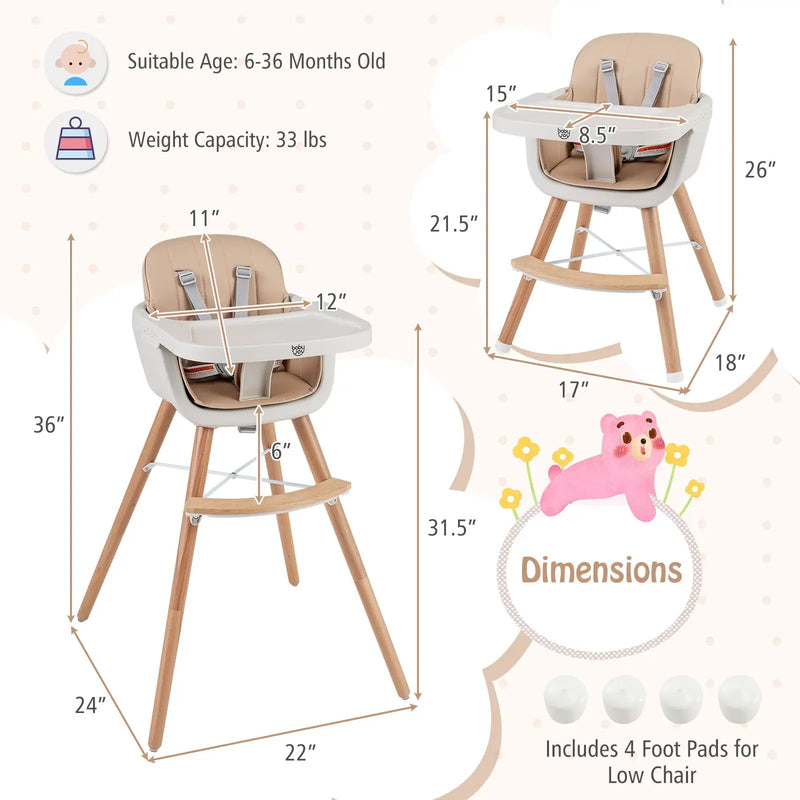 6-in-1 Convertible Wooden Highchair with Safety Harness and Adjustable Legs-Light Brown by DirectDeals