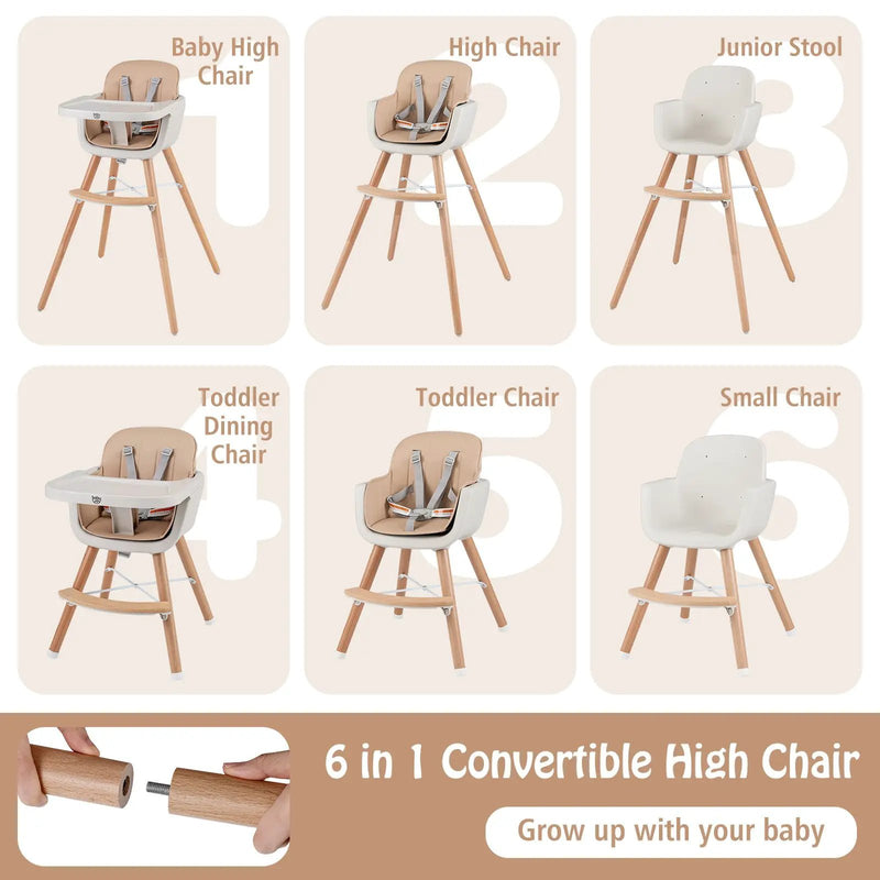 6-in-1 Convertible Wooden Highchair with Safety Harness and Adjustable Legs-Light Brown by DirectDeals