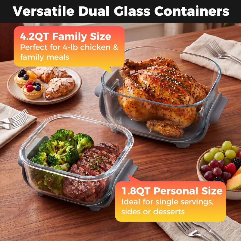 6-in-1 Portable Glass Air Fryer 1500W Dual Containers with Lids Dishwasher Safe by DirectDeals