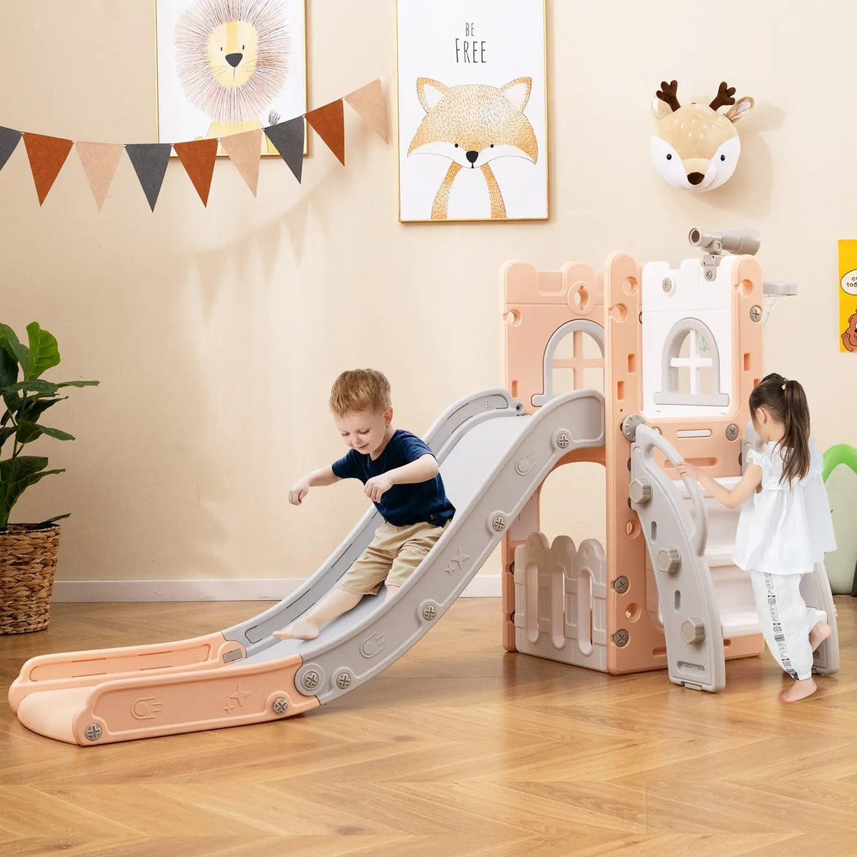 6-in-1 Toddler Slide L-shaped Playground with Basketball Hoop and Ladder, photo 3 of 25