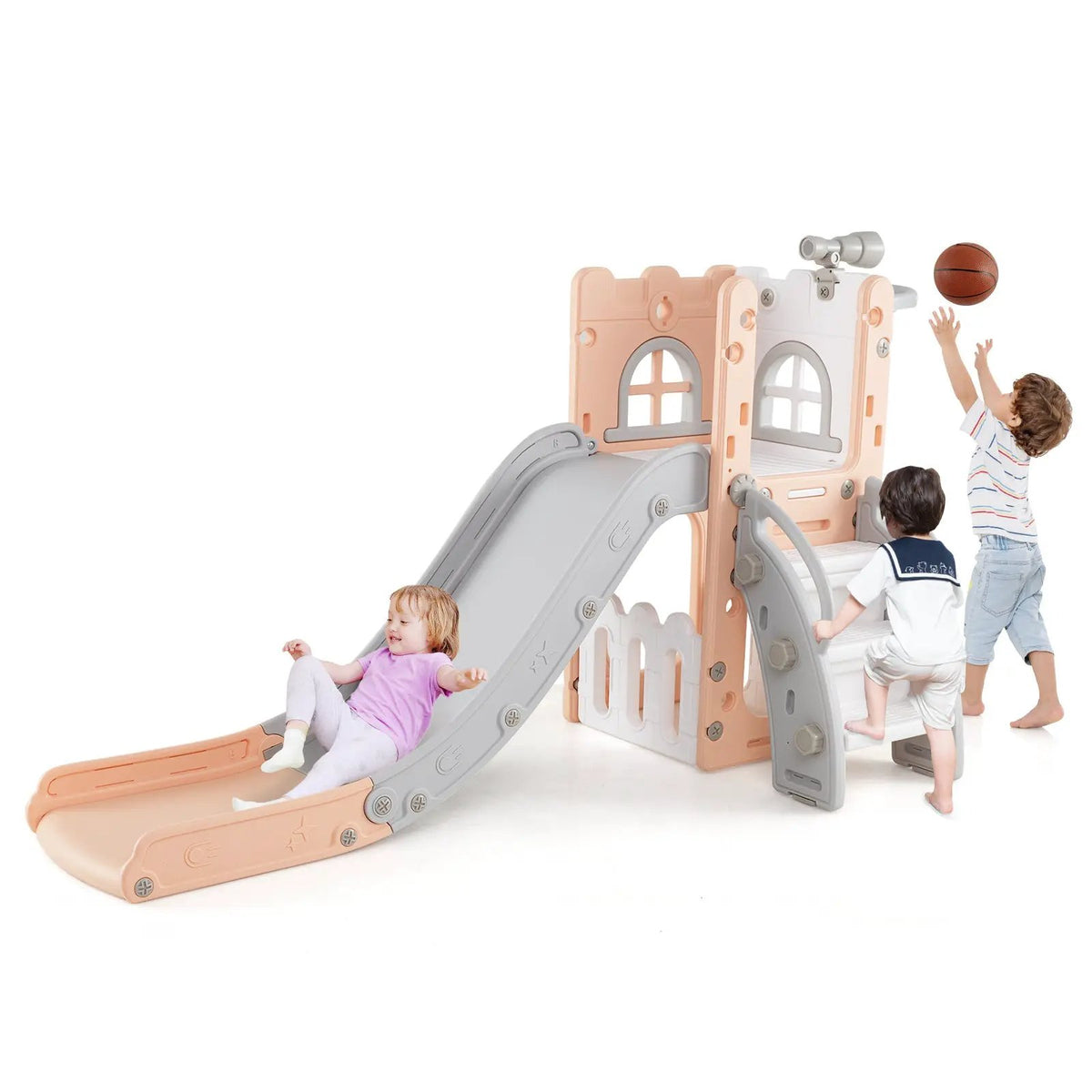 6-in-1 Toddler Slide L-shaped Playground with Basketball Hoop and Ladder, photo 8 of 25