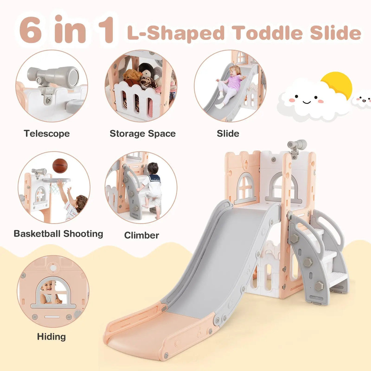 6-in-1 Toddler Slide L-shaped Playground with Basketball Hoop and Ladder, photo 18 of 25