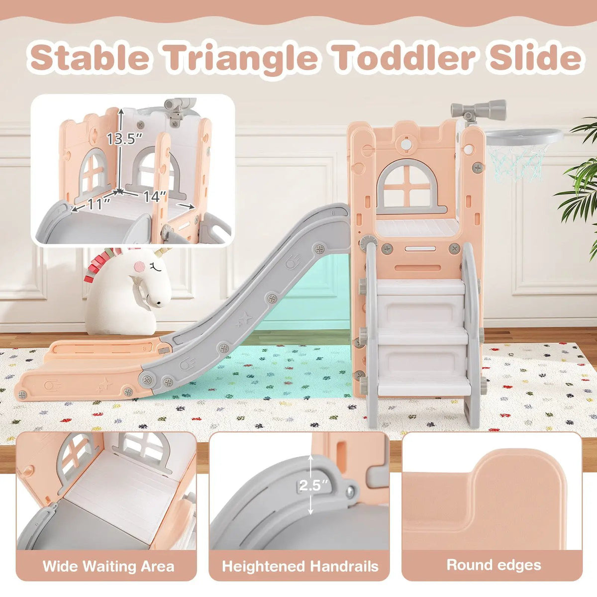 6-in-1 Toddler Slide L-shaped Playground with Basketball Hoop and Ladder, photo 24 of 25