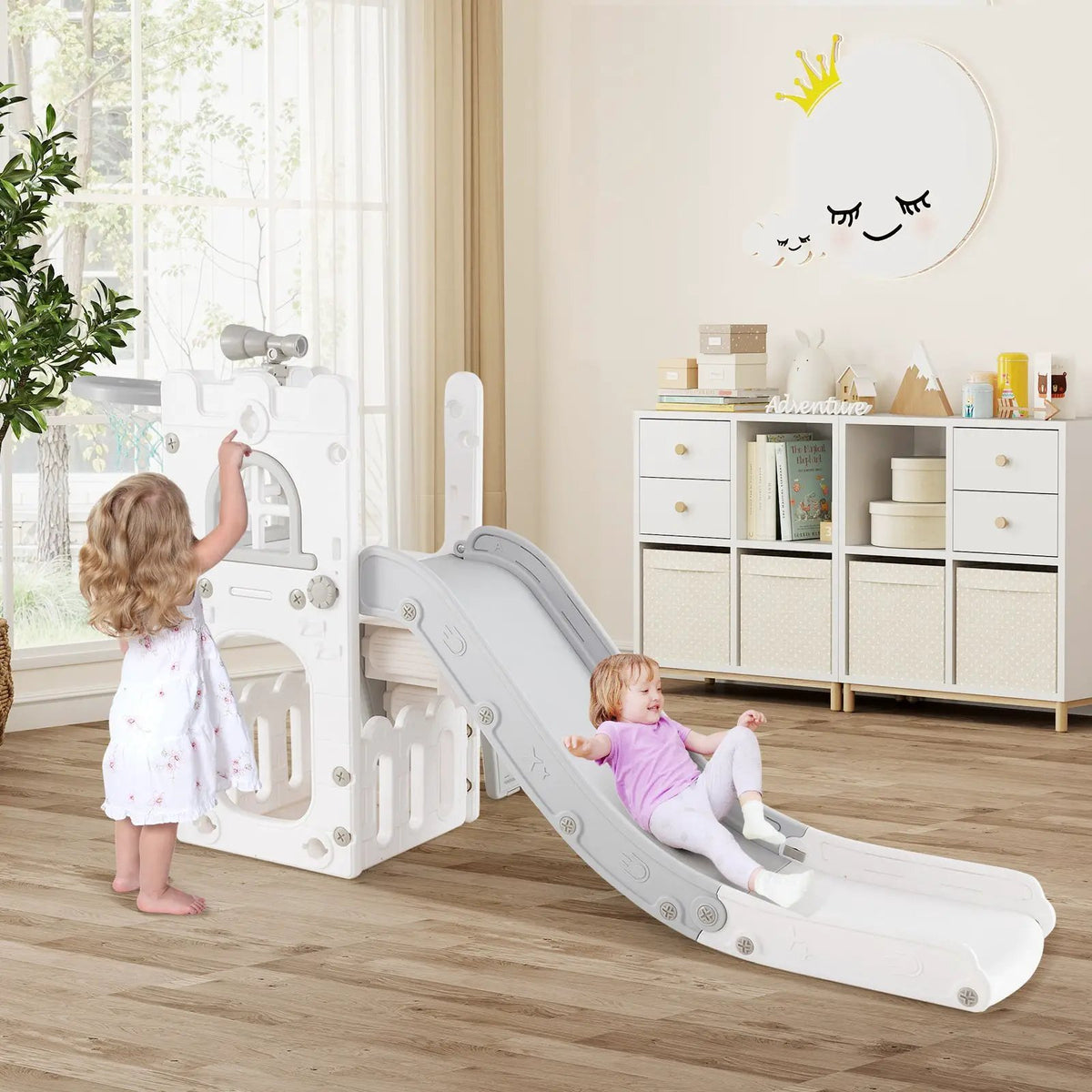 6-in-1 Toddler Slide L-shaped Playground with Basketball Hoop and Ladder, photo 4 of 25