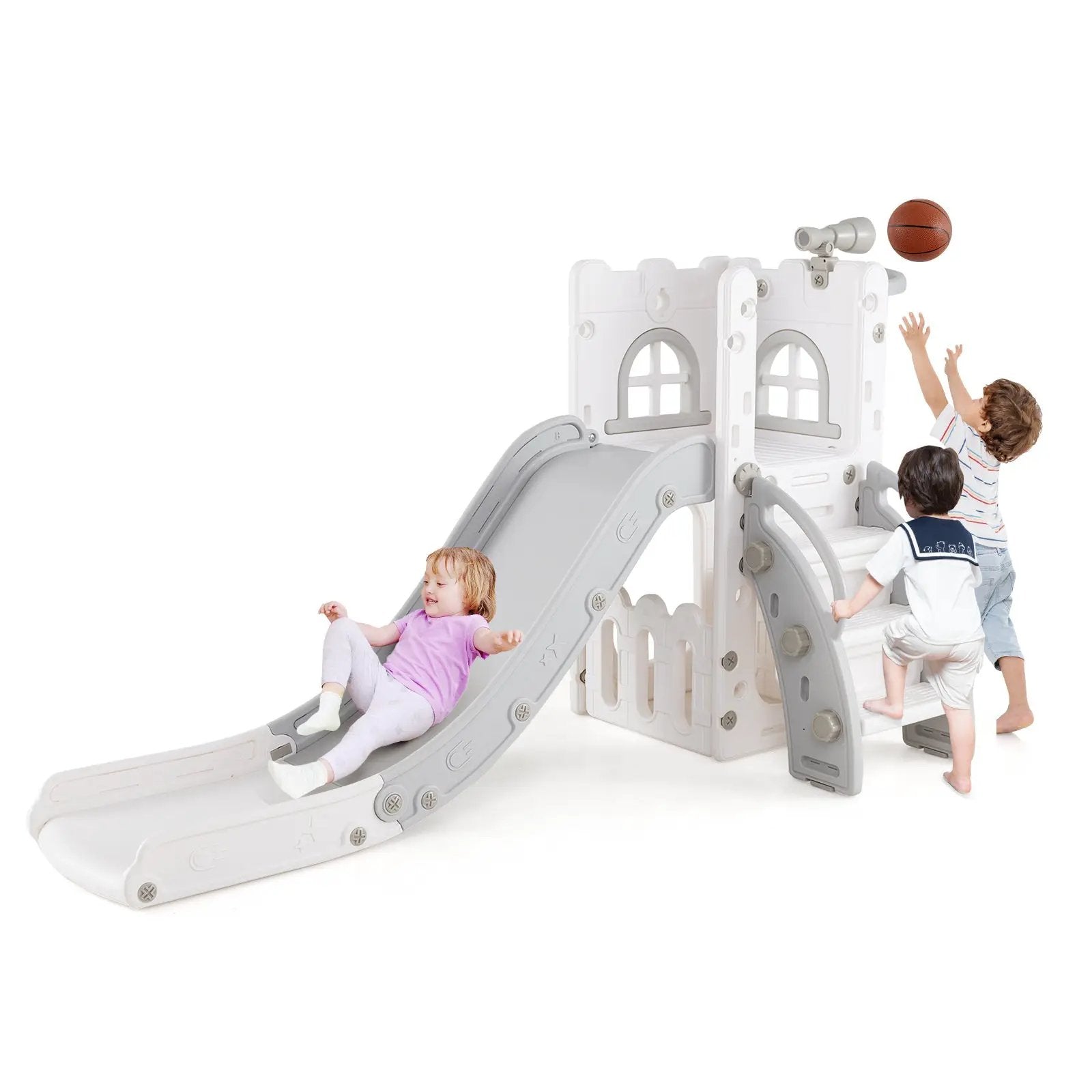 6-in-1 Toddler Slide L-shaped Playground with Basketball Hoop and Ladder by DirectDeals