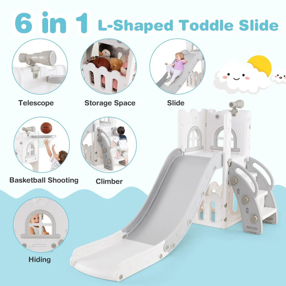 6-in-1 Toddler Slide L-shaped Playground with Basketball Hoop and Ladder, photo 20 of 25