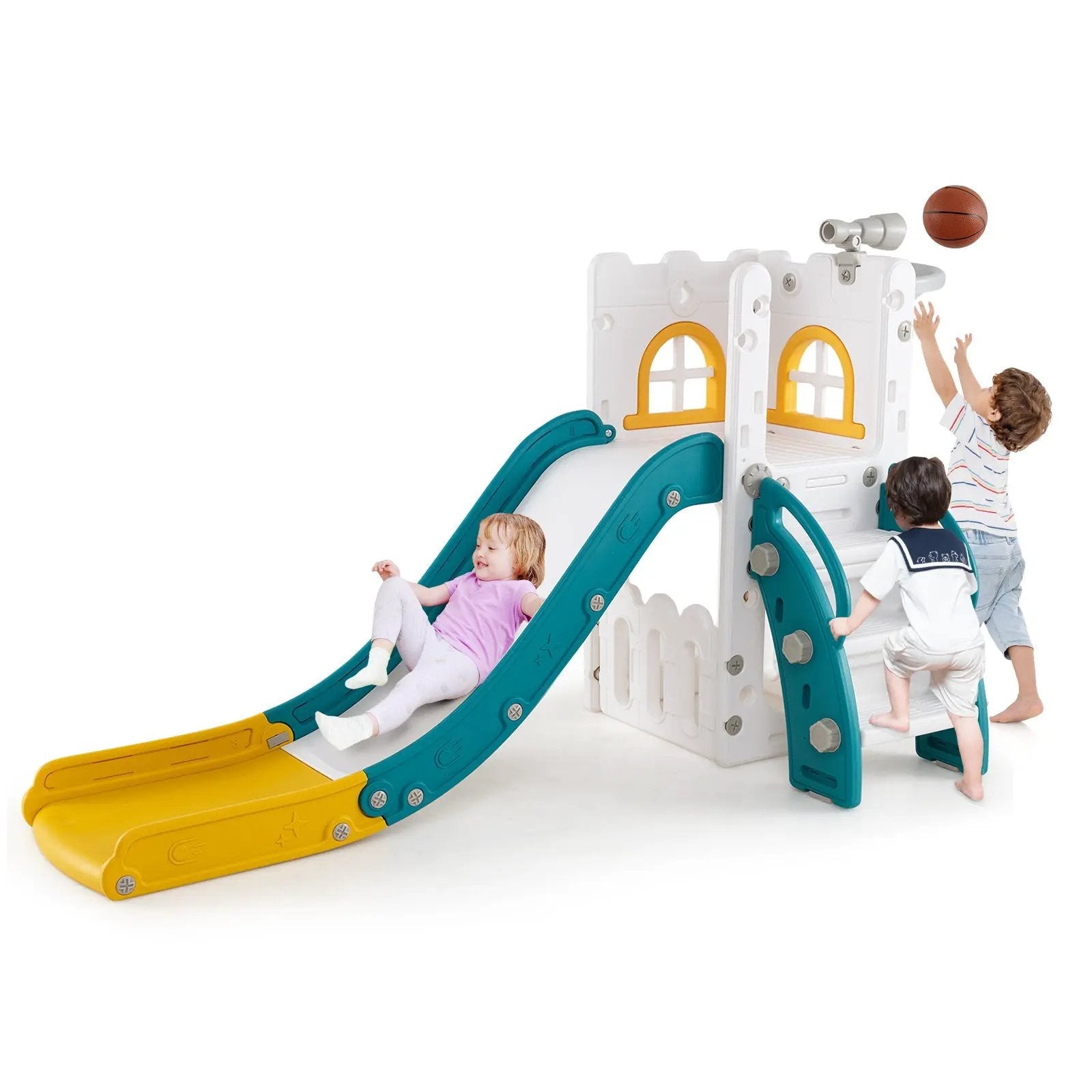 6-in-1 Toddler Slide L-shaped Playground with Basketball Hoop and Ladder by DirectDeals