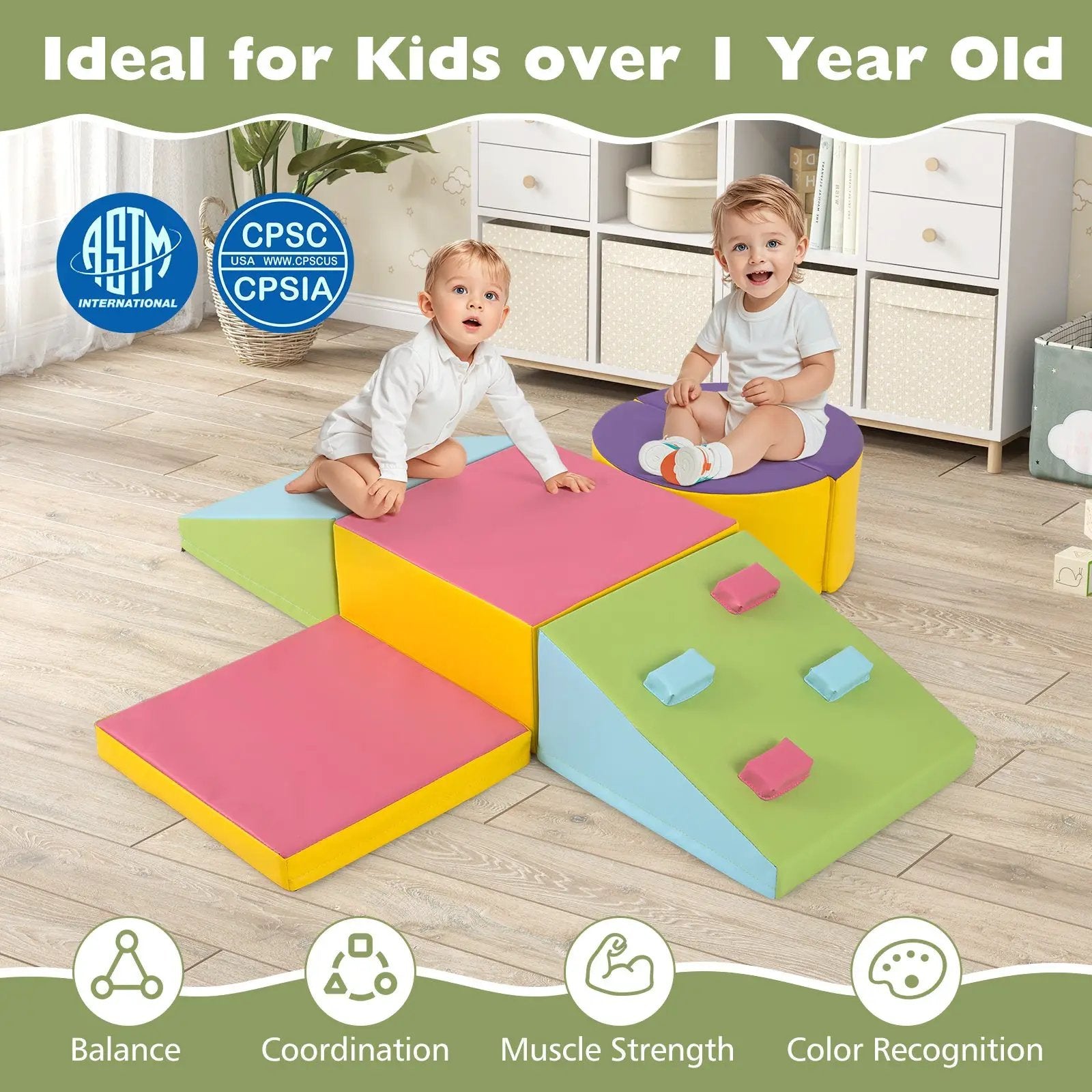 6-Piece Soft Play Set for Toddlers with Climbing Triangle and Ramp-Blue by DirectDeals