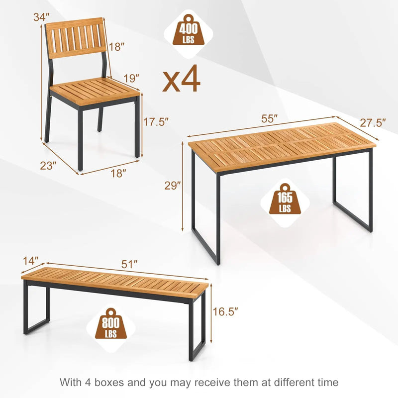 6 Pieces Outdoor Acacia Wood Dining Set with Bench and 2 Inches Umbrella Hole by DirectDeals