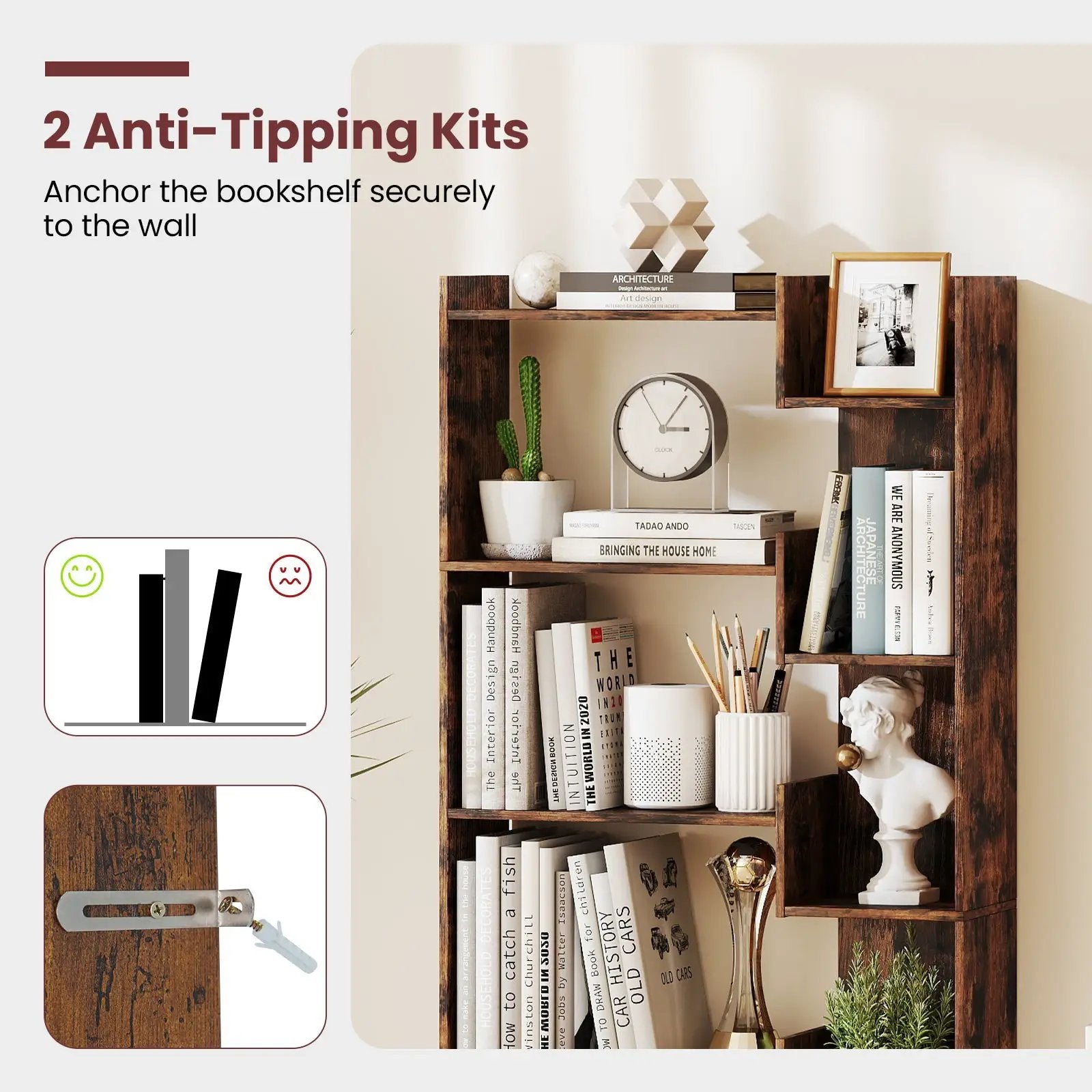 6-Tier Bookshelf Wooden Bookcase with 2 Anti-Tipping Kits Open Display Shelf by DirectDeals