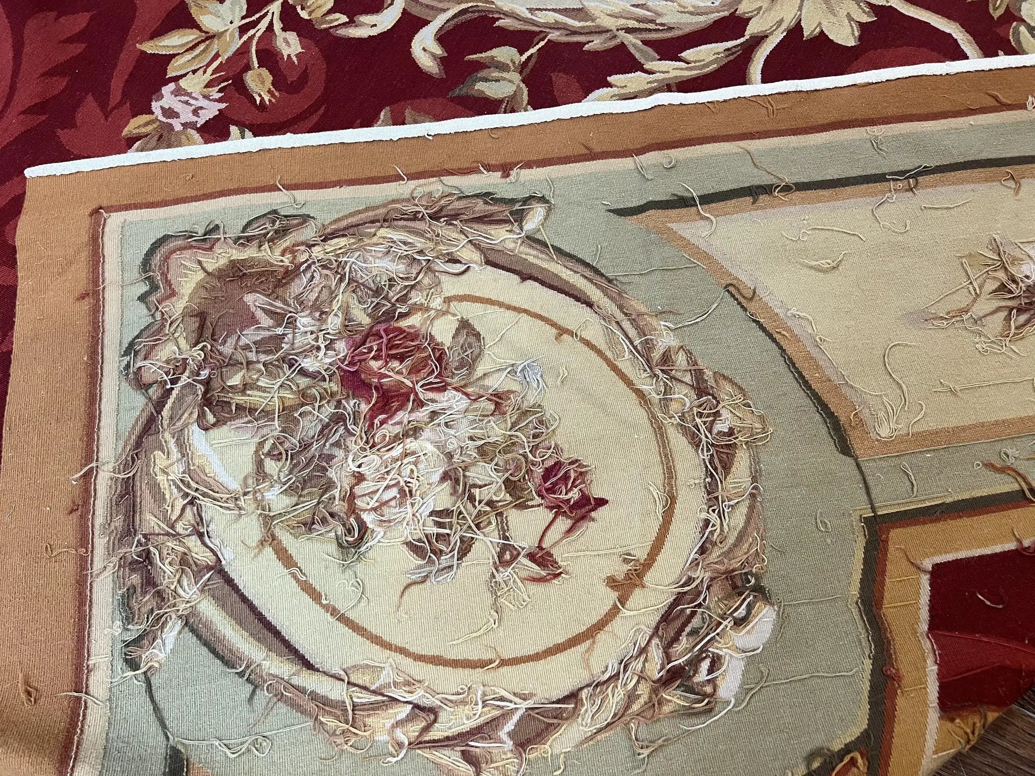 Large Aubusson Rug 10x14, Wool Handmade Vintage Carpet, Dark Red Ivory Tan, French European Elegant Aubusson Weave Rug by Jewel Rugs