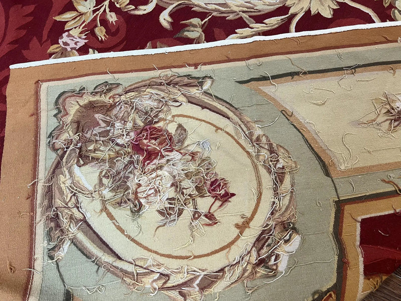 Large Aubusson Rug 10x14, Wool Handmade Vintage Carpet, Dark Red Ivory Tan, French European Elegant Aubusson Weave Rug by Jewel Rugs