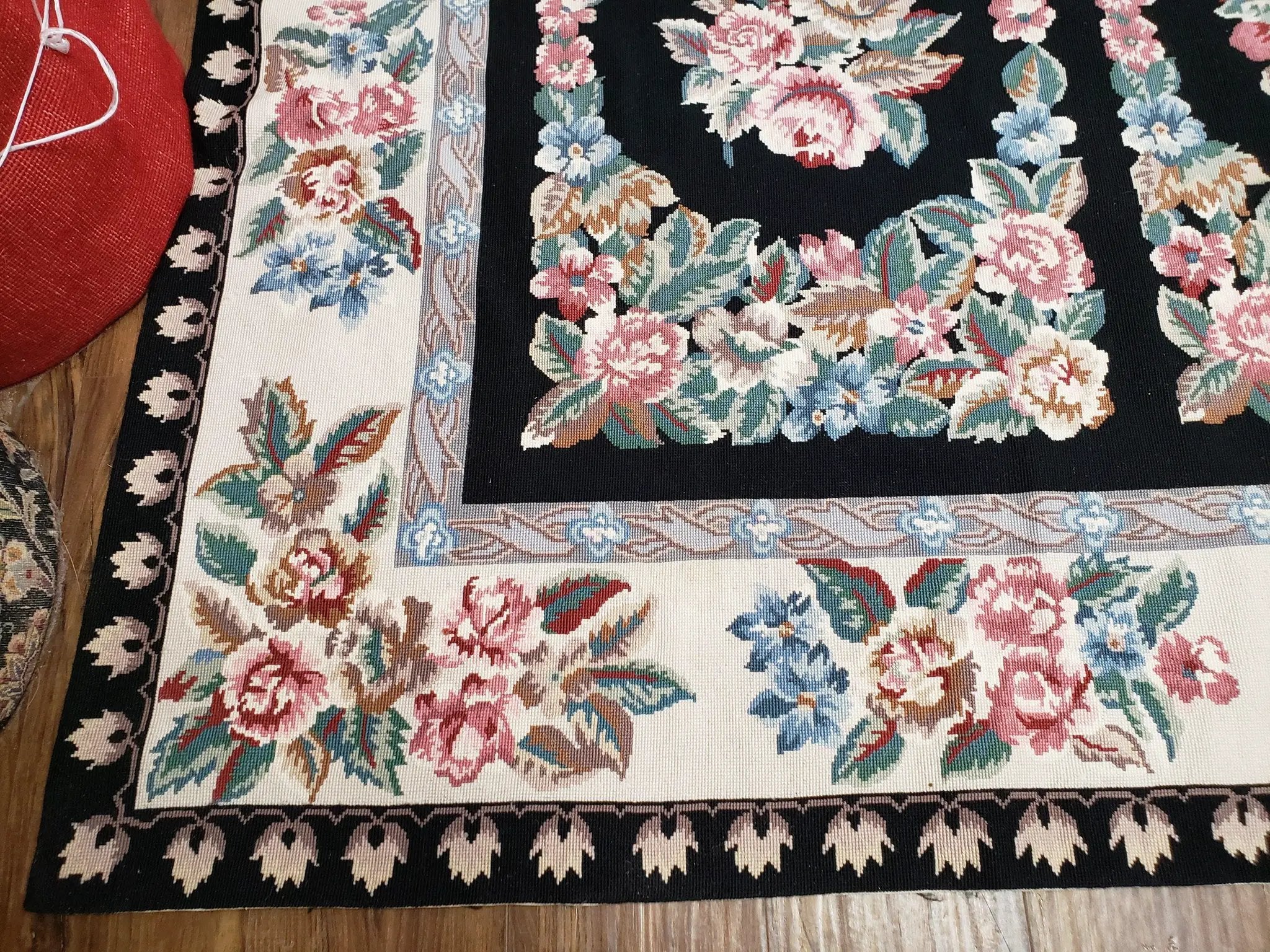Floral Needlepoint Rug 9.5 x 13.6, Floral Panel Design, Black and Ivory Flatweave Aubusson Carpet, Multicolor by Jewel Rugs