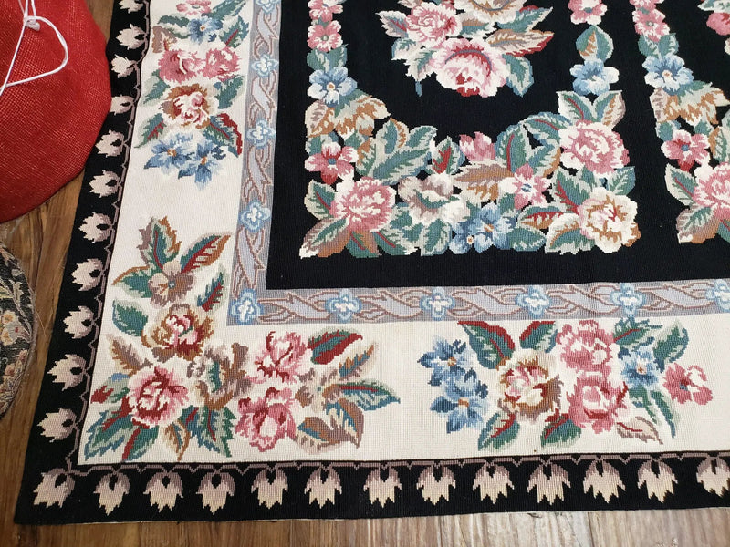 Floral Needlepoint Rug 9.5 x 13.6, Floral Panel Design, Black and Ivory Flatweave Aubusson Carpet, Multicolor by Jewel Rugs