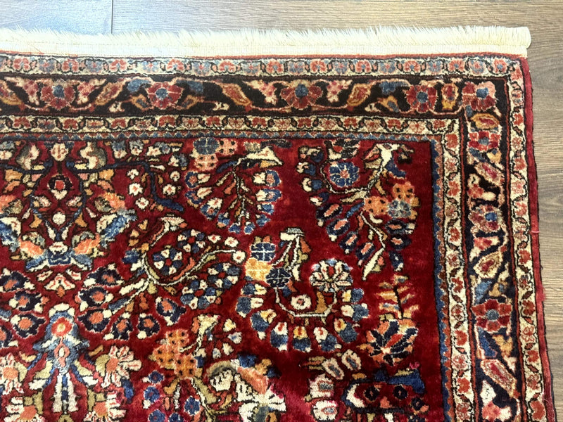 Antique Persian Sarouk Rug 4x6, Floral, Red, Wool Hand Knotted Fine 225 KPSI by Jewel Rugs