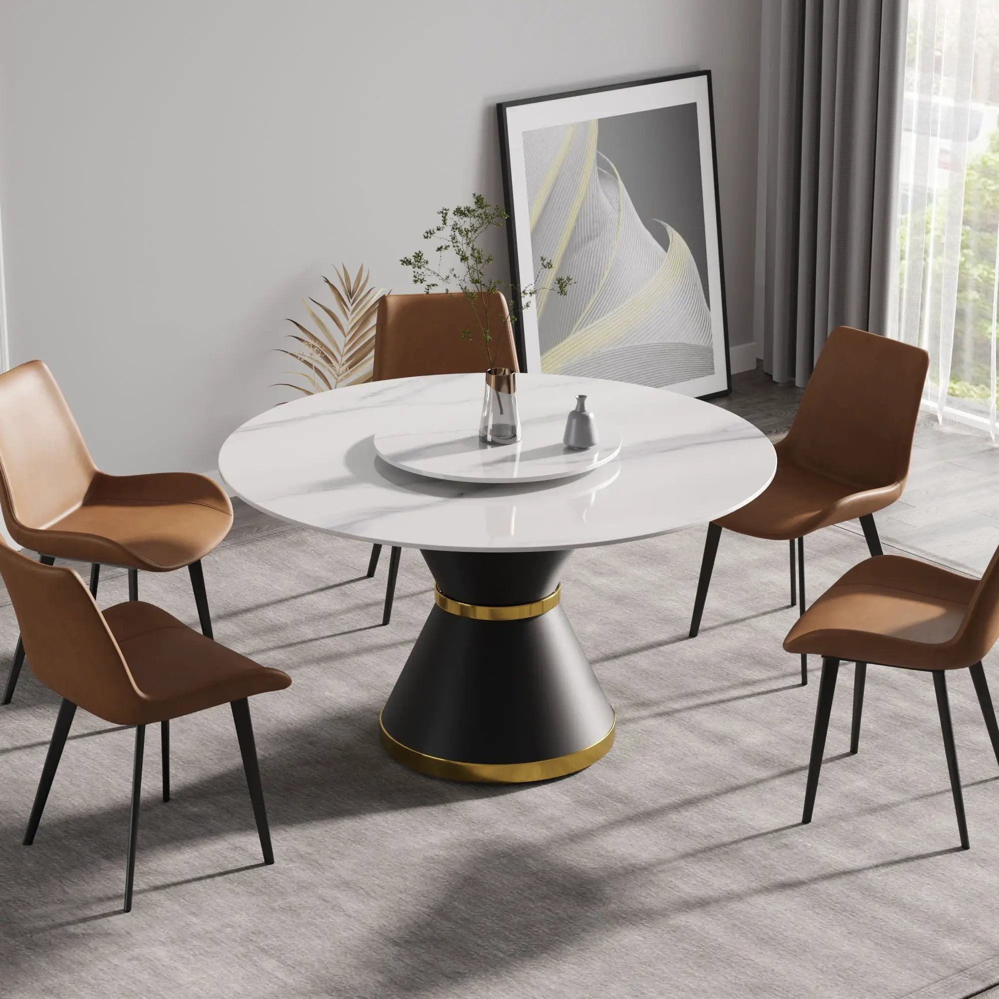 53" Modern Artificial Stone Round Carbon Steel Base Dining Table, Can Accommodate 6 People, Artificial Stone Turntable - White / Black by Unique Piece Furniture