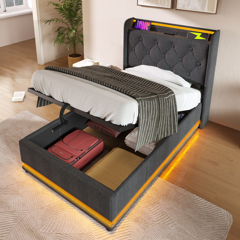 Upholstered Bed, 360 Surround LED Function, Remote Control, Hydraulic Storage Bed With USB, Type-C Charging (Without Mattress) by HouseOfZazla