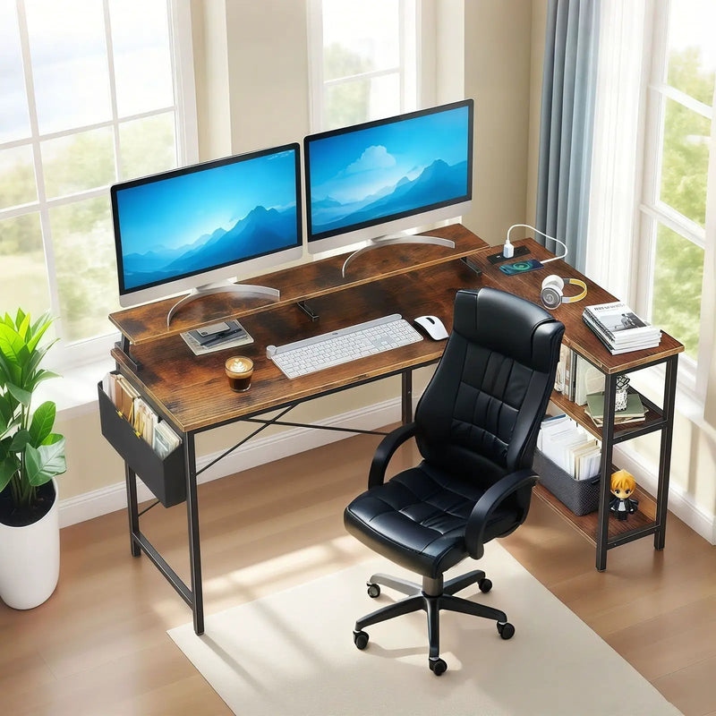 L-Shaped Gaming Desk With Power Outlets, Monitor Stand & Storage Shelves, Reversible Corner Workstation - Black / Brown by Unique Piece Furniture