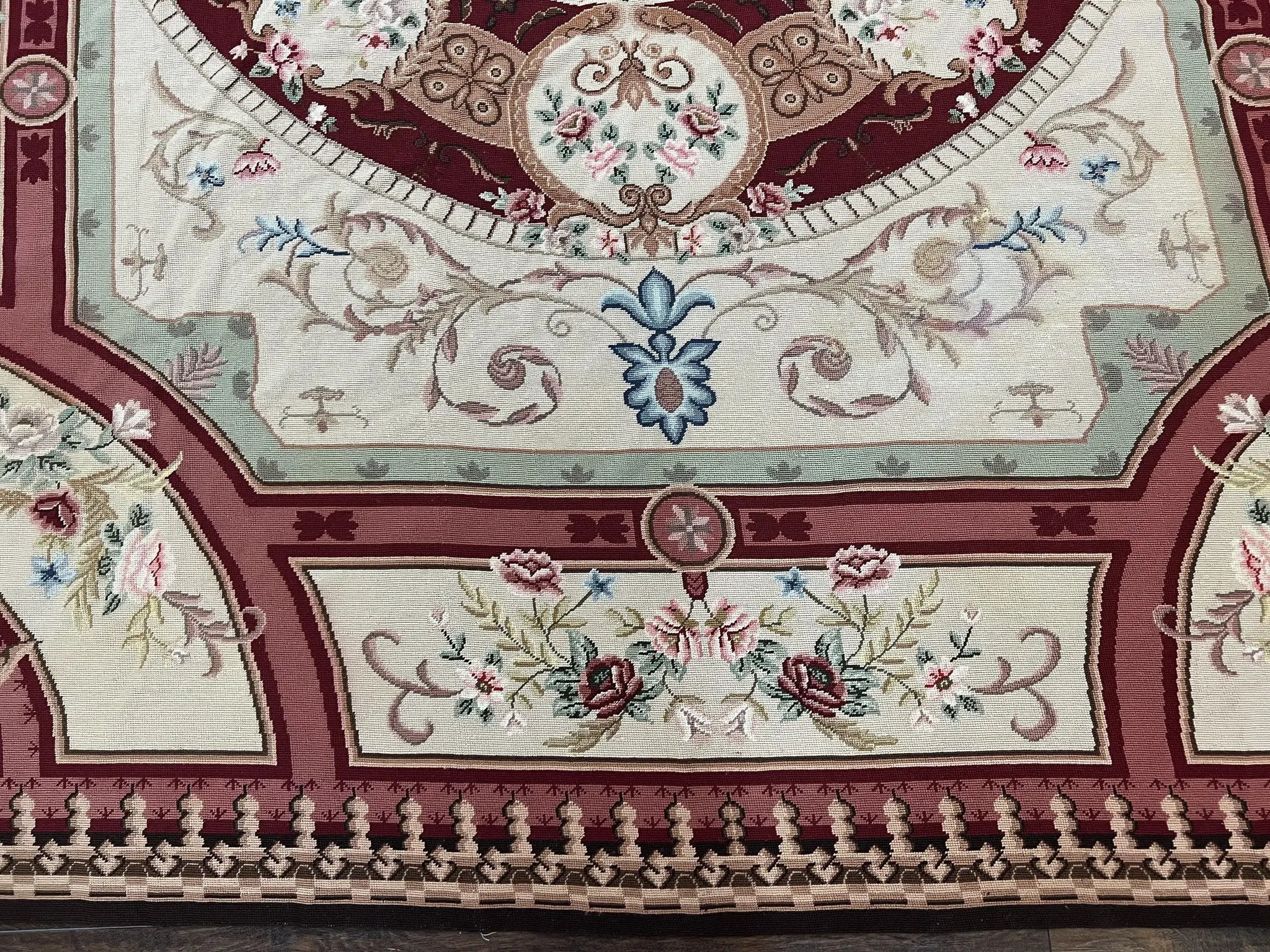 Needlepoint Rug 7.9 x 9, Beige Maroon Rose, Handmade Handwoven Flatweave Aubusson Savonnerie French European Elegant Carpet, Wool Rug by Jewel Rugs