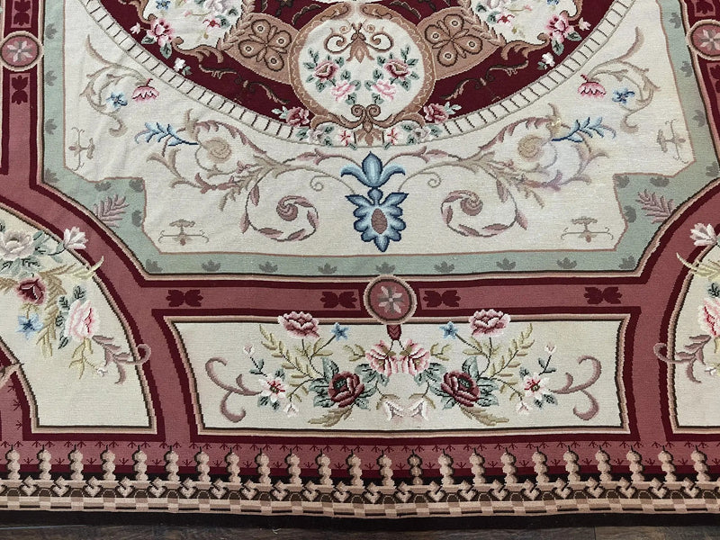 Needlepoint Rug 7.9 x 9, Beige Maroon Rose, Handmade Handwoven Flatweave Aubusson Savonnerie French European Elegant Carpet, Wool Rug by Jewel Rugs