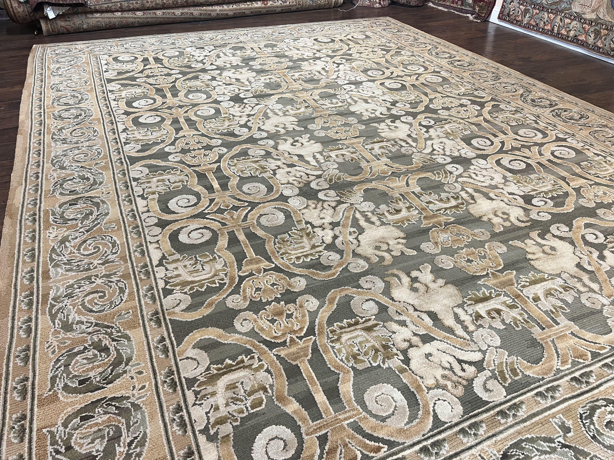 Spanish Rug 11x14, Wool Hand Knotted Vintage Carpet, Olive Green and Beige, Floral Allover, European Design, 11 x 14 Rug by Jewel Rugs