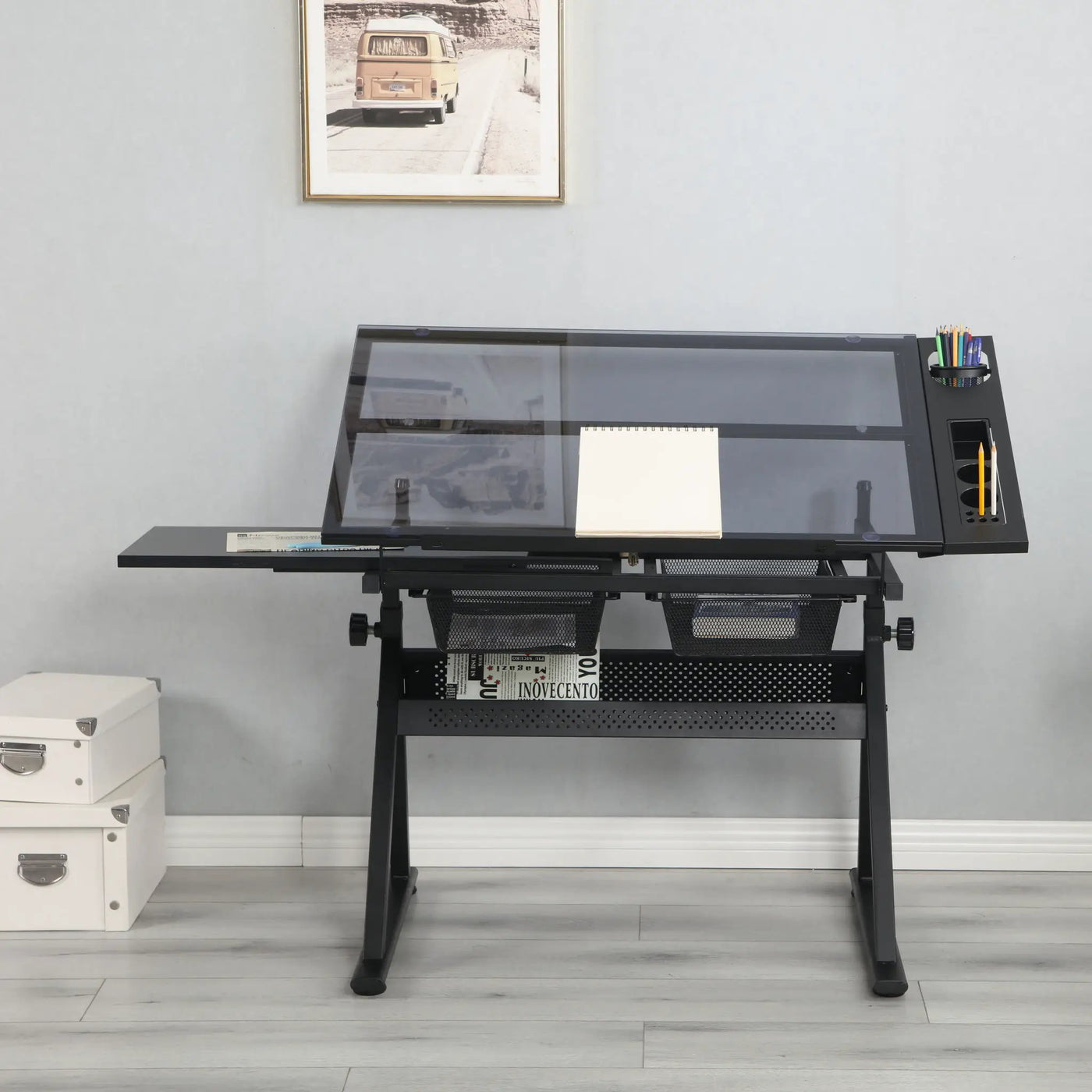 Adjustable Tempered Glass Drafting Printing Table With Chair by Unique Piece Furniture