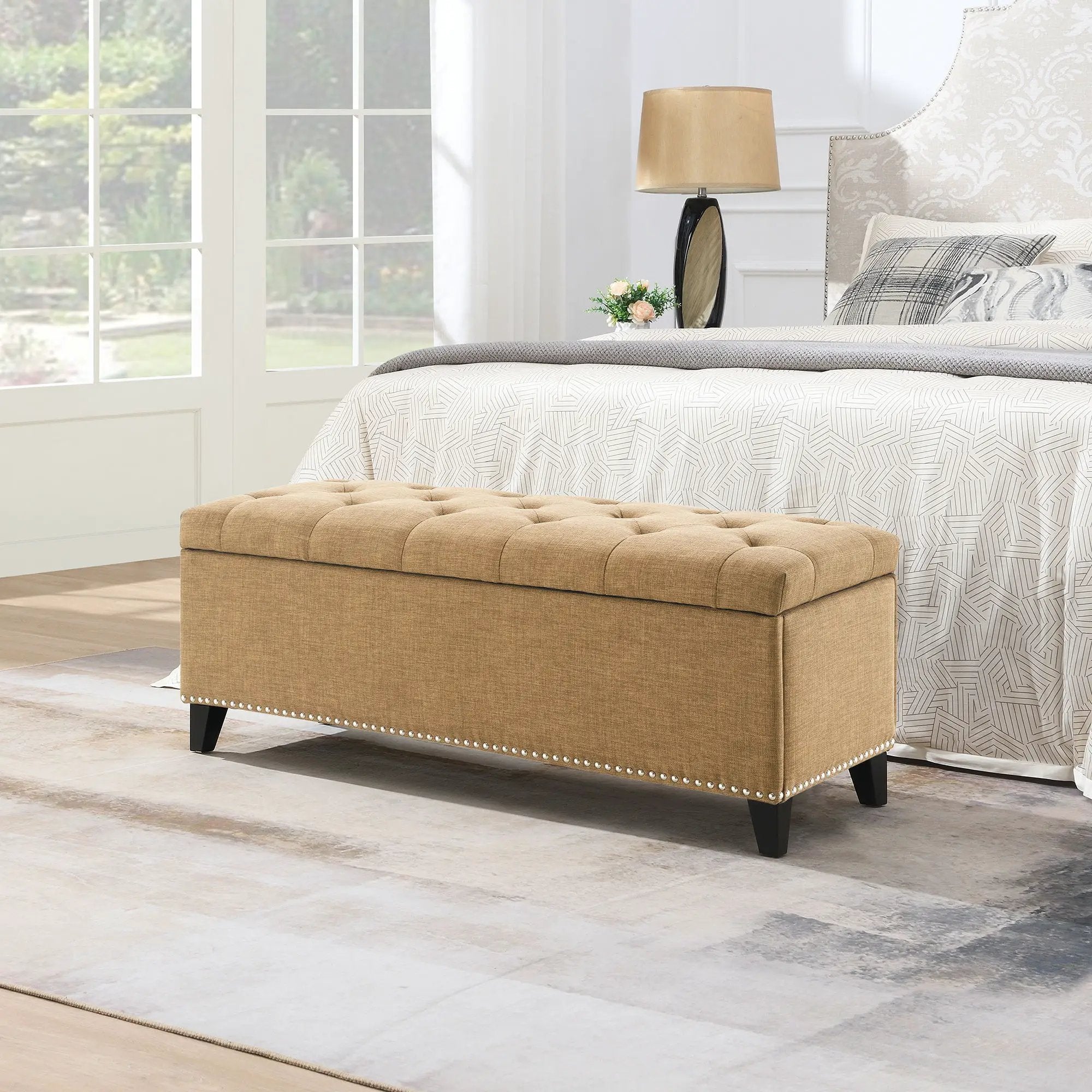 Button-Tufted Storage Ottoman With Safety Close Hinge