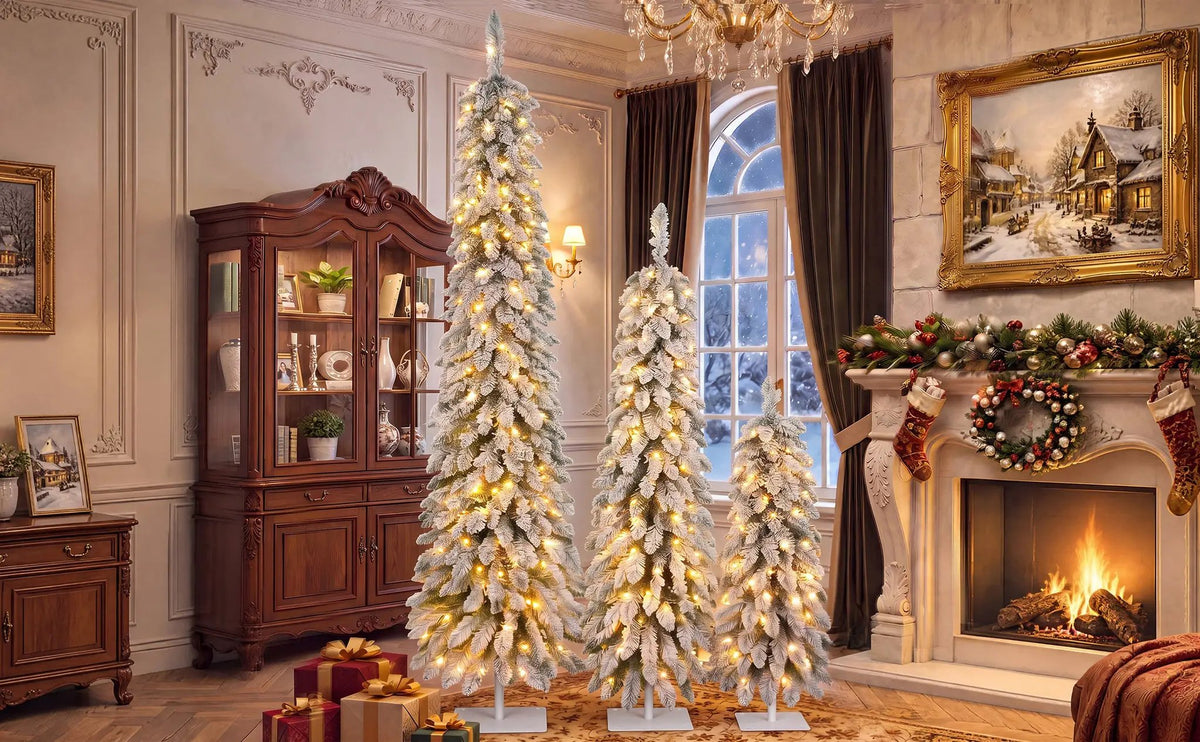 Snow Flocked Pre-Lit Pencil Christmas Tree, photo 7 of 10