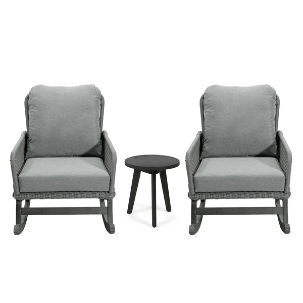 Modern 3 Piece Outdoor Seating Set with Cushioned Rattan Rocking Chairs and Wooden Accent Table