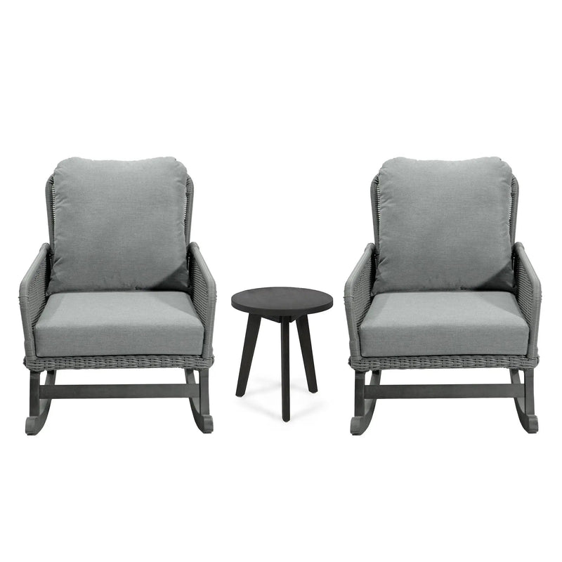 Modern 3 Piece Outdoor Seating Set with Cushioned Rattan Rocking Chairs and Wooden Accent Table by HouseOfZazla